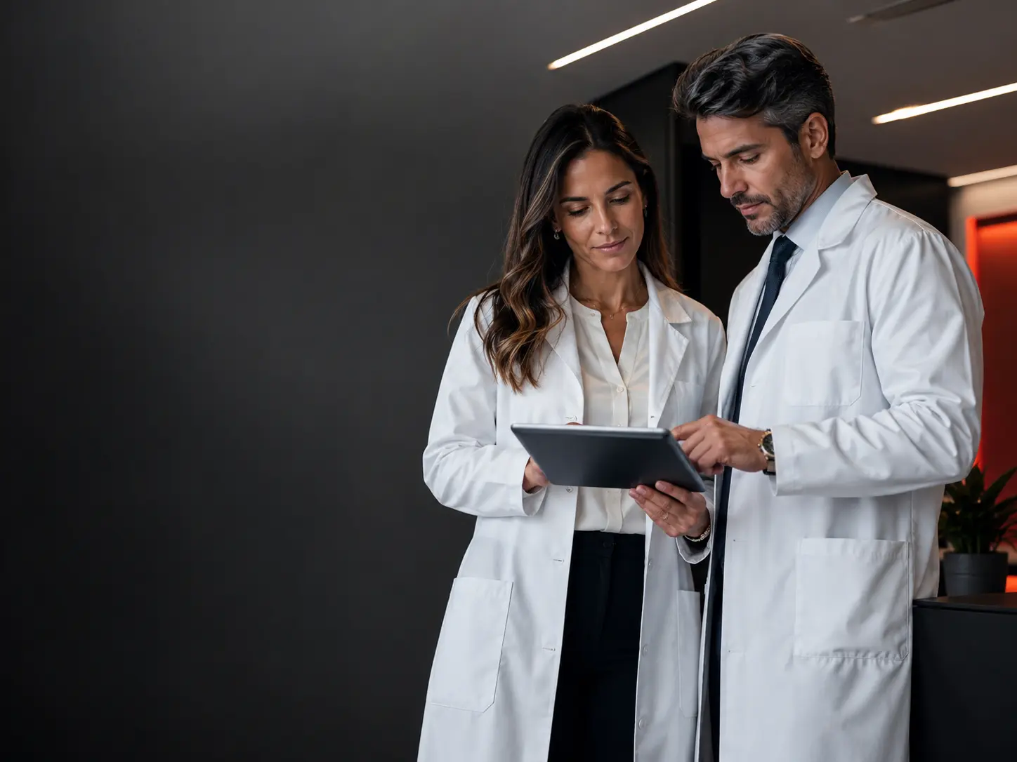 Médica e médico analisando informações em uma clínica contemporânea